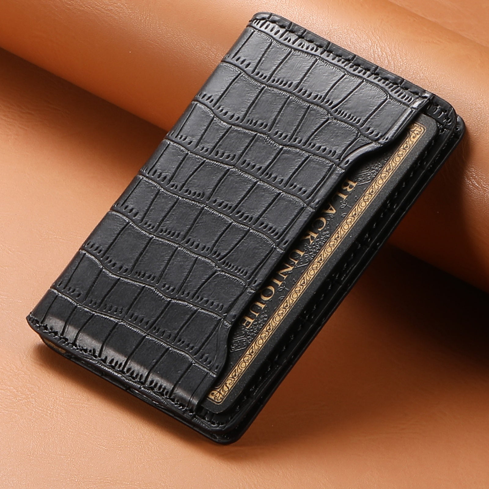 Alligator Pattern Leather Bracket Ultra-Thin Credit Card Bag（Black）