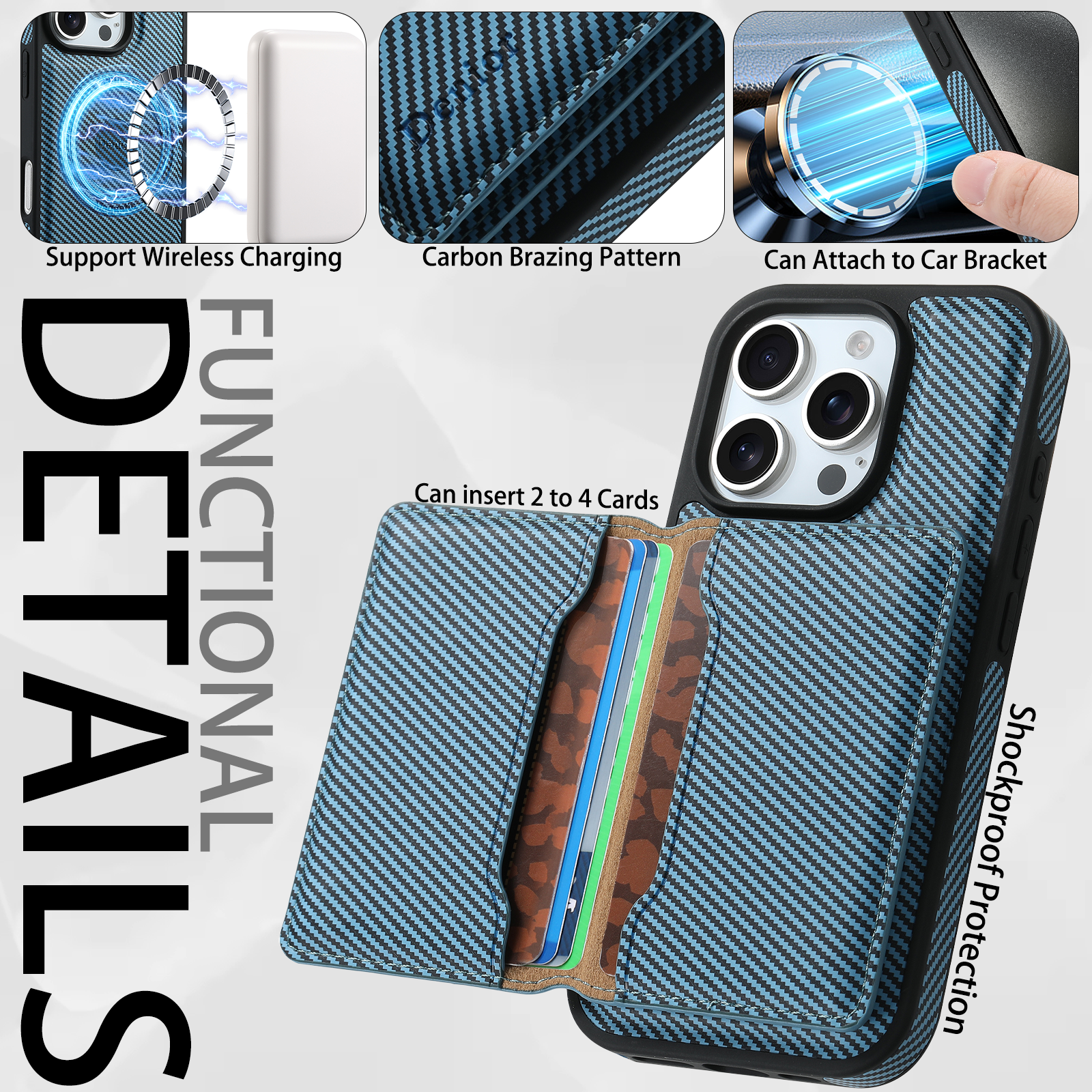 Charcoal fibre Magnetic Case & Card Bag（Blue）