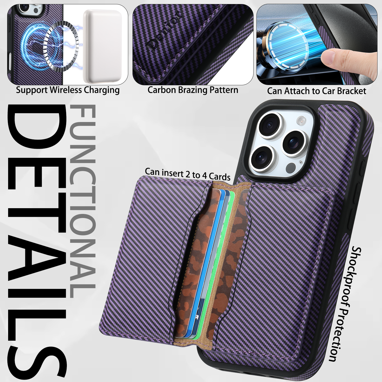 Charcoal fibre Magnetic Case & Card Bag（Purple）