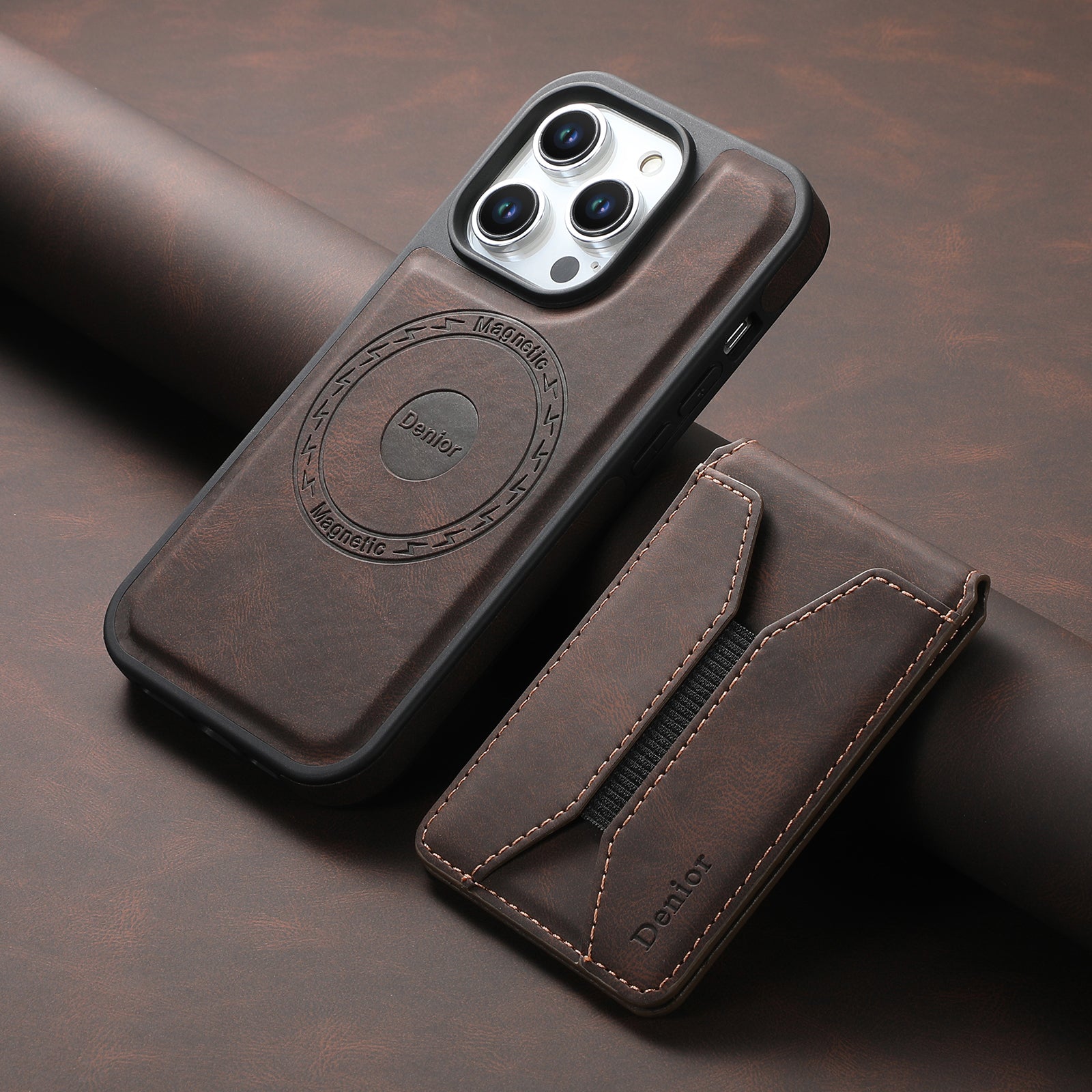 Skin-feeling Calfskin Magnetic Phone Case & Card Holder（Brown）