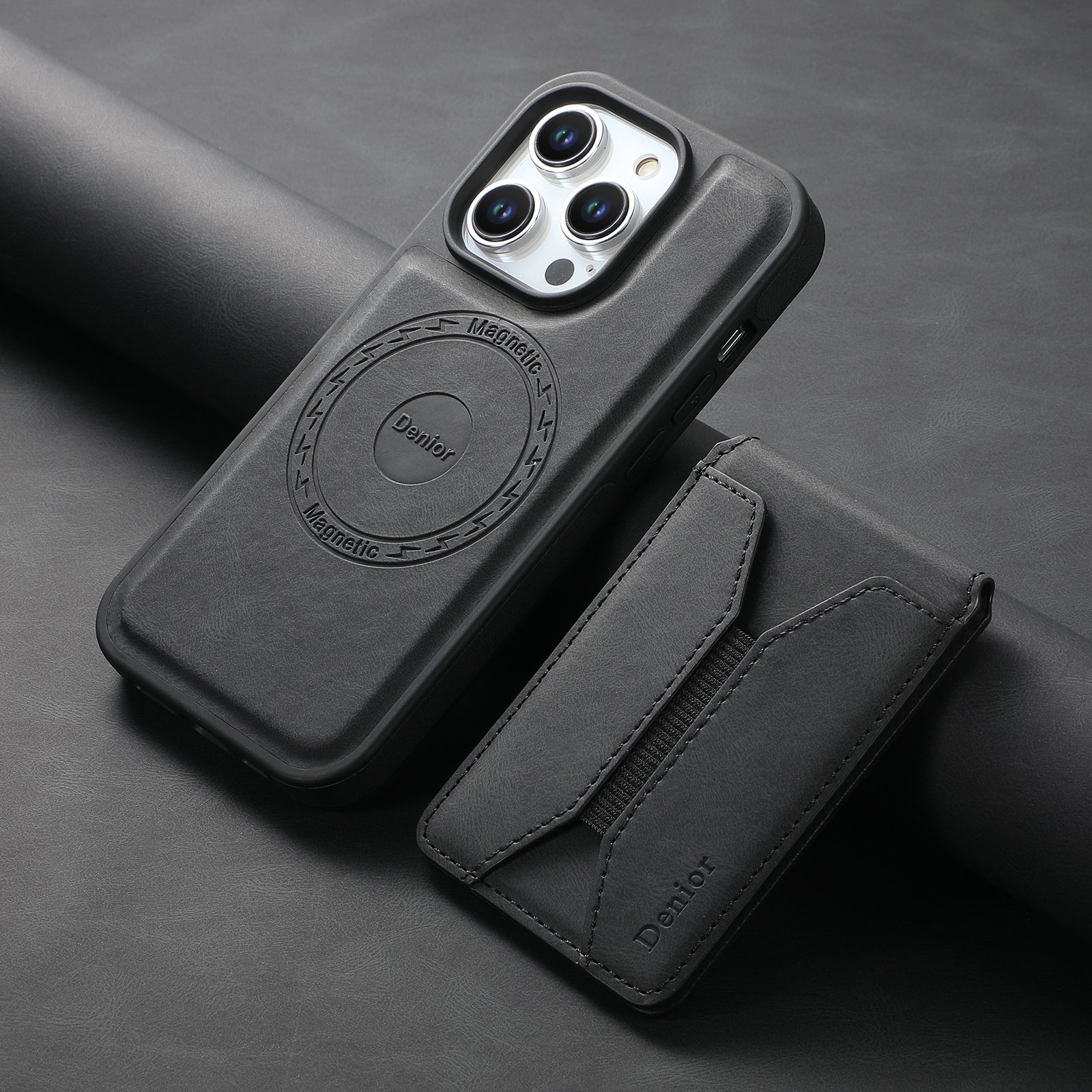 Skin-feeling Calfskin Magnetic Phone Case & Card Holder（Black）