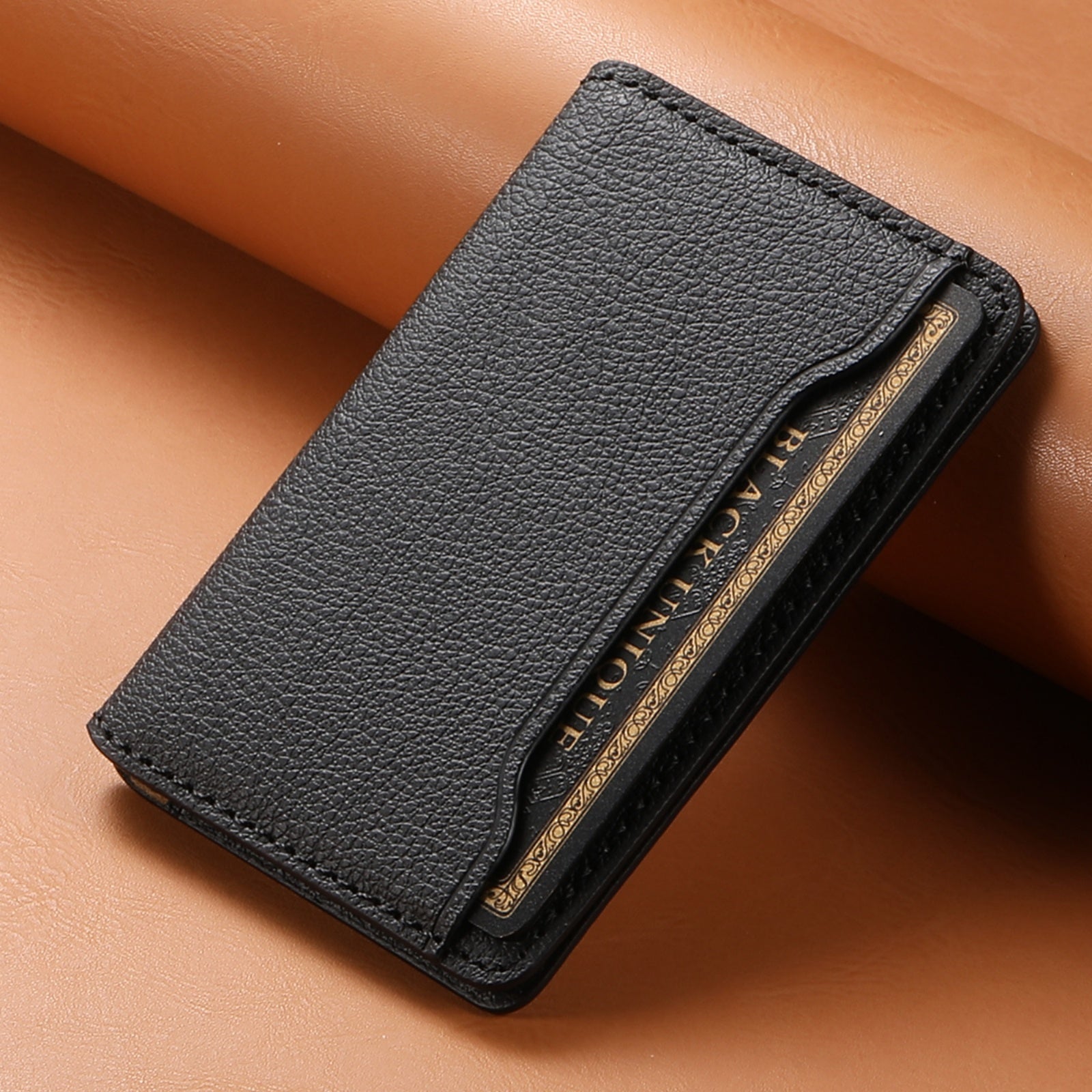 Litchi patterned Leather Bracket Ultra-Thin Credit Card Bag（Black）