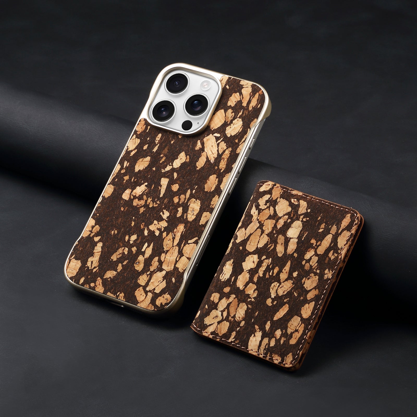 iPhone Series 2IN1 Magnetic Cork Wooden Phone Case & Card Bag（Black）