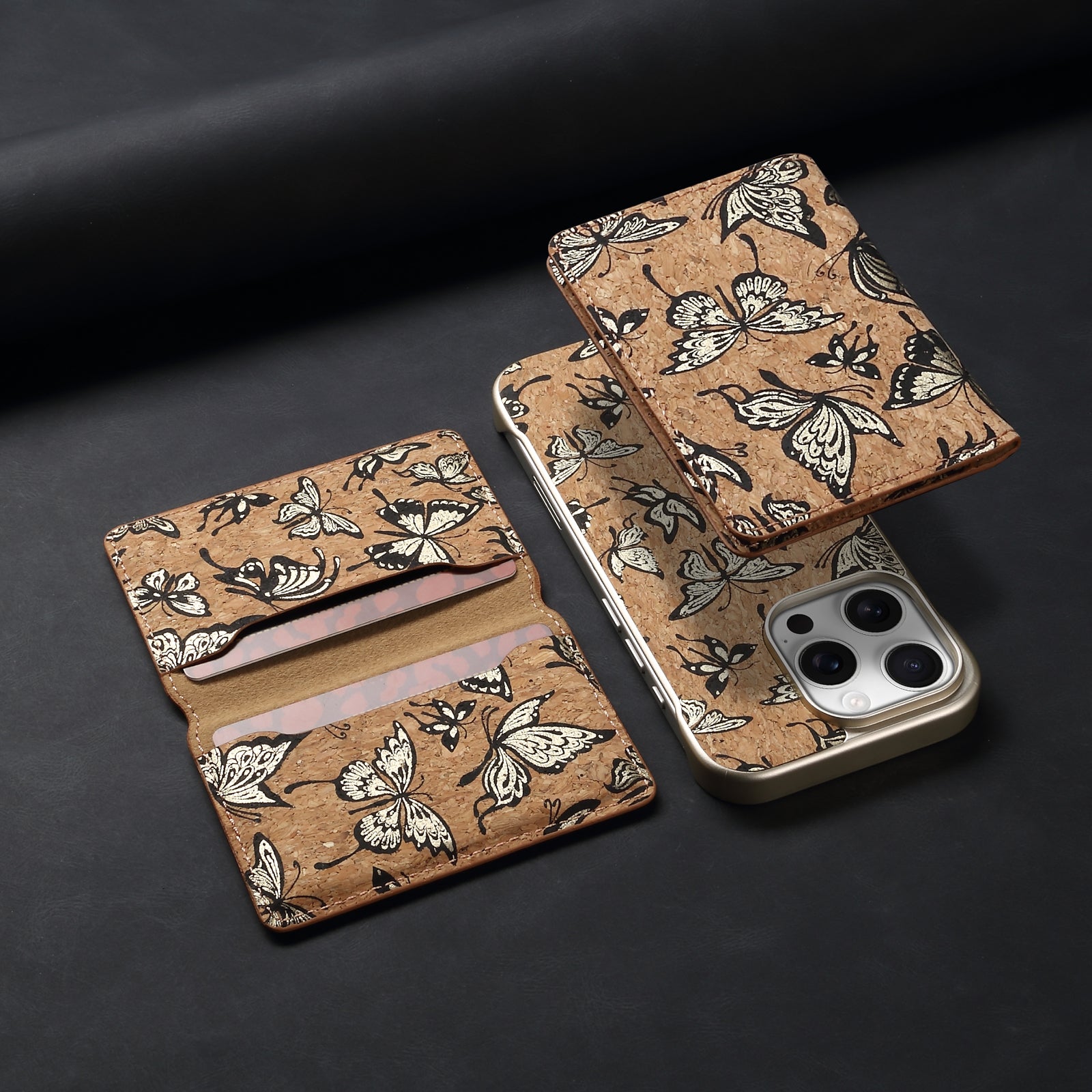 iPhone Series 2IN1 Magnetic Cork Wooden Phone Case & Card Bag（Golden）