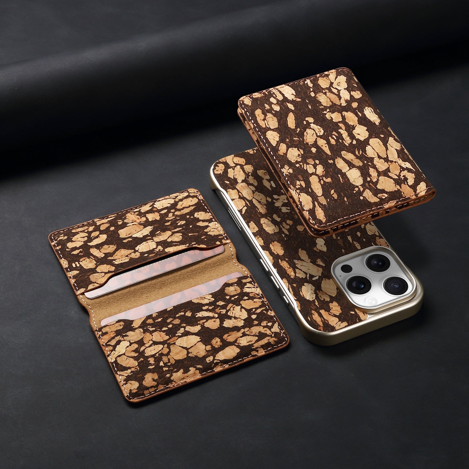 iPhone Series 2IN1 Magnetic Cork Wooden Phone Case & Card Bag（Black）